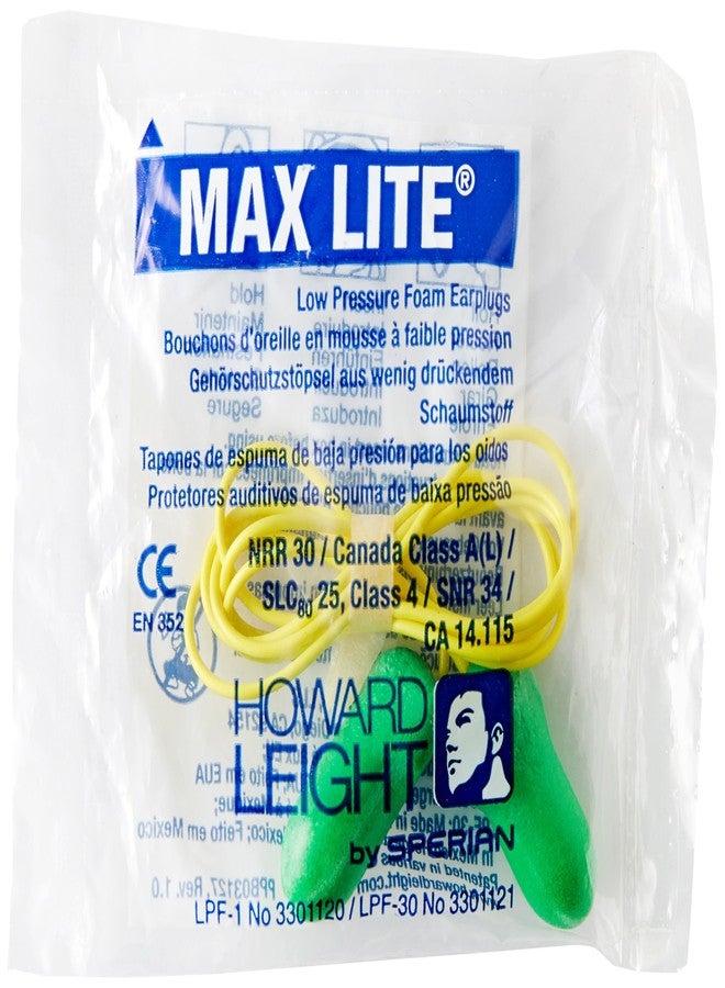Howard Leight LPF30 Max Lite Corded Earplugs, Green, Pack of 100 Pairs - Image 1